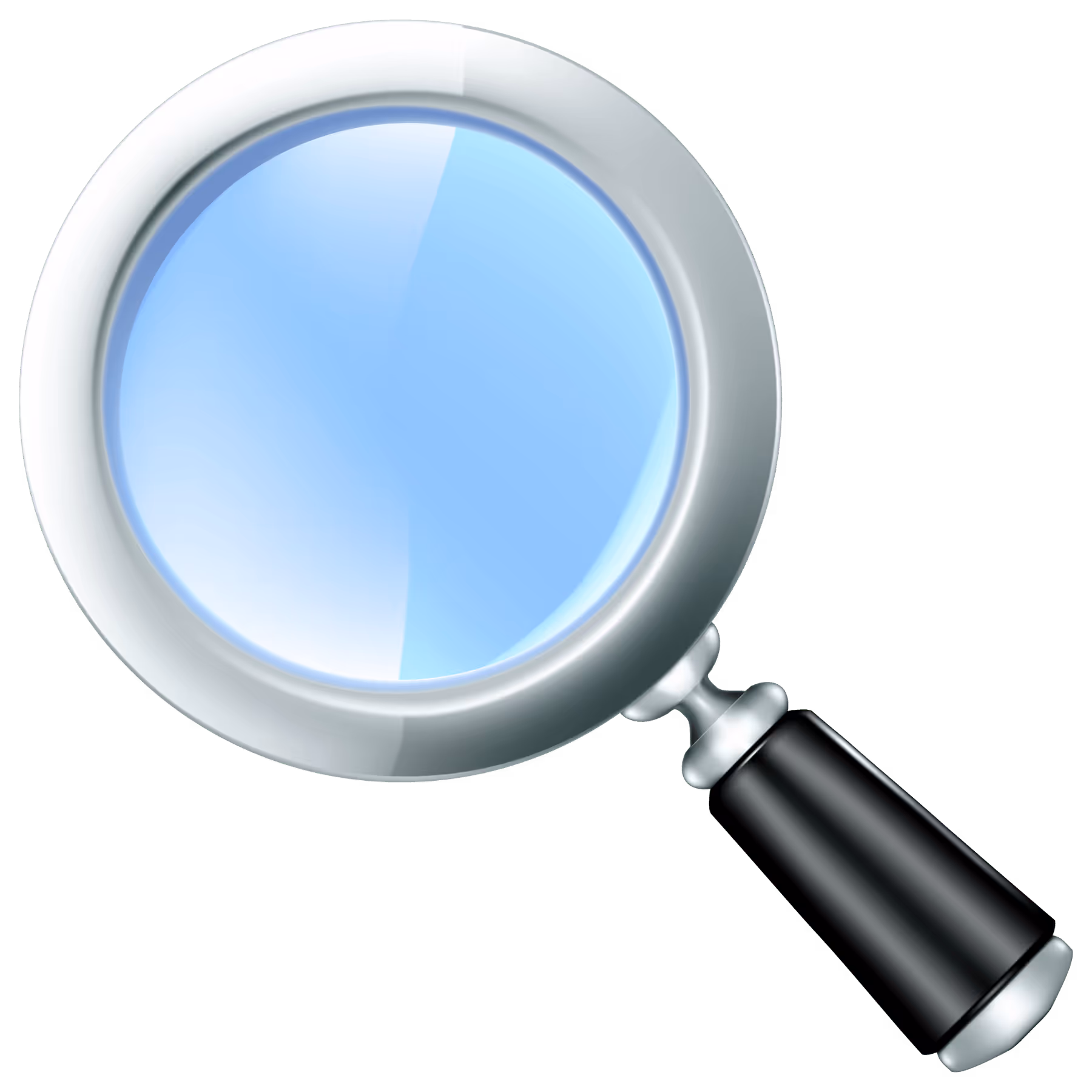 Magnifying glass with a silver frame and black handle.