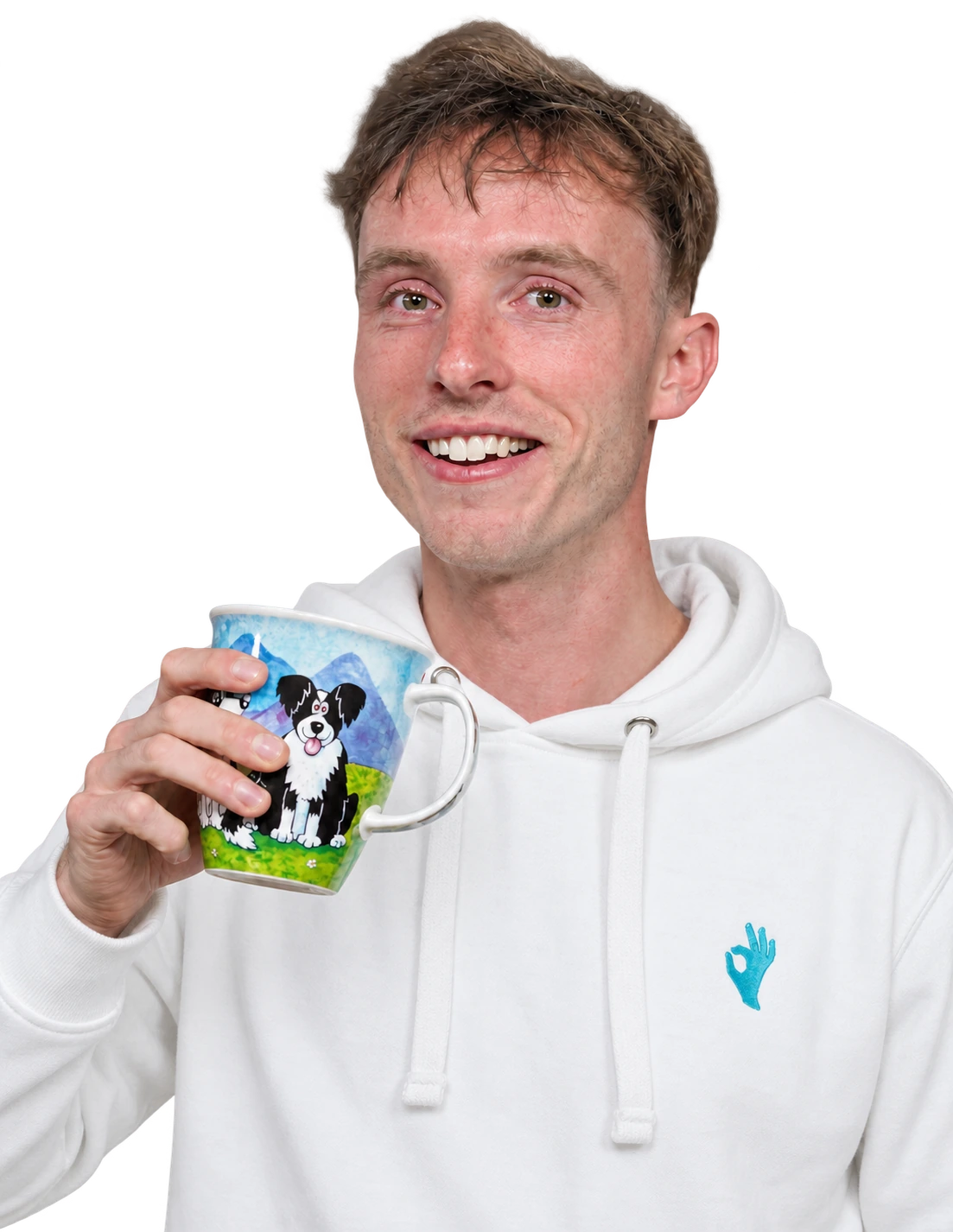 Harry Lang holding his dog mug in his branded hoodie